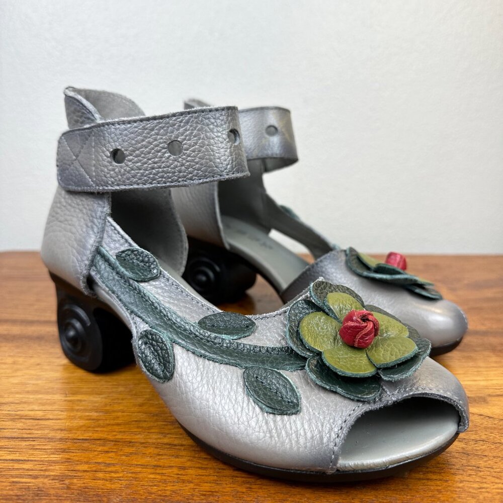 Genuine Leather Floral Fairy Peep-Toe Chunky Heel Boho Unique 8.5